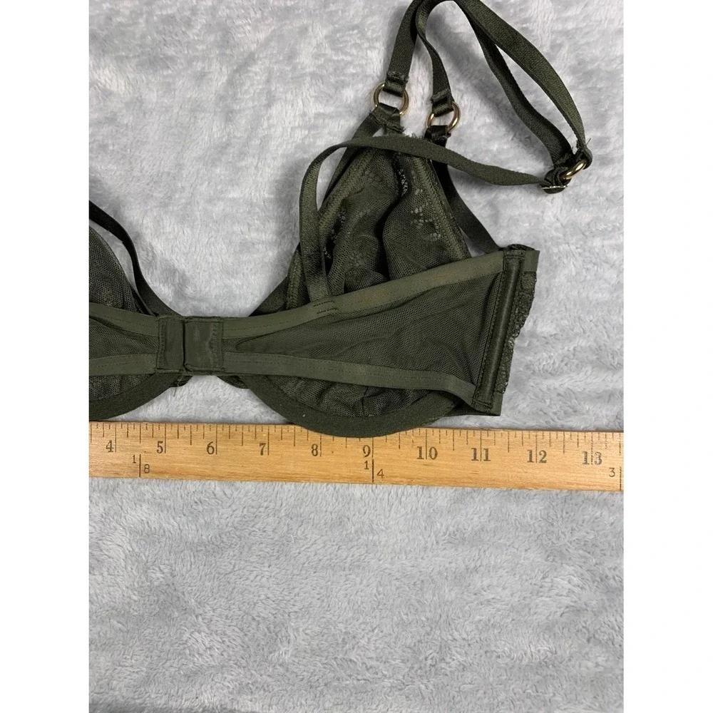 Victoria's Secret Unlined Plunge Bra 34D Olive Green Lace Gold Hardware